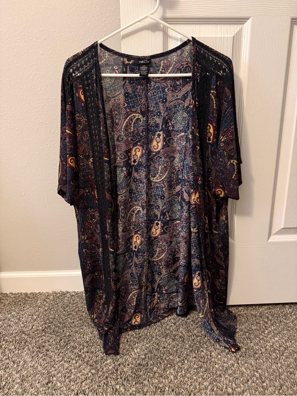 Rue21 Navy Paisley Open Cardigan with Gold & Burgundy Details